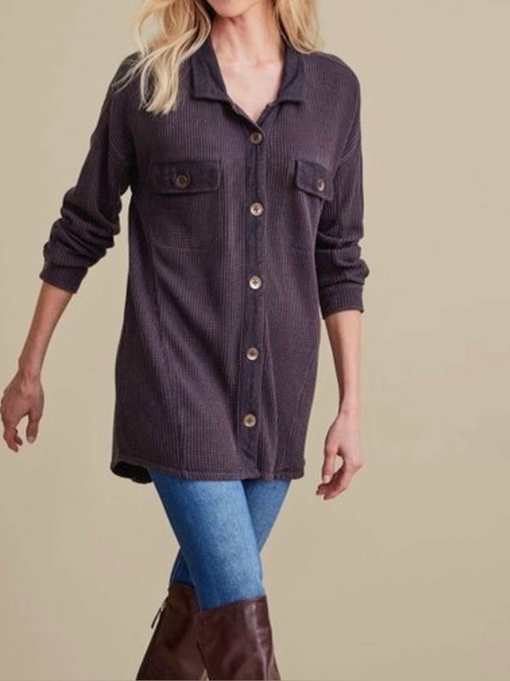 Soft Surroundings Audra Waffle Knit Tunic Top Purple Button Front Boho